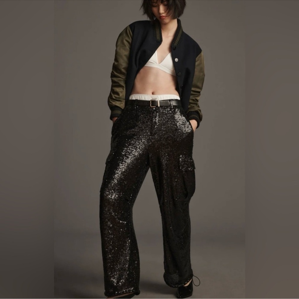 Anthropologie Black Sequin Wide Leg Pants